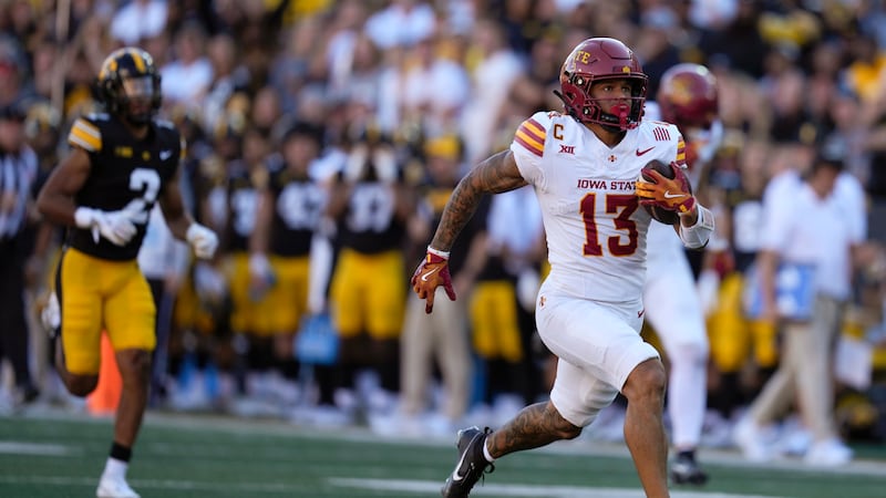 Iowa State wide receiver Jaylin Noel (13) scores on a 75-yard touchdown reception during the...