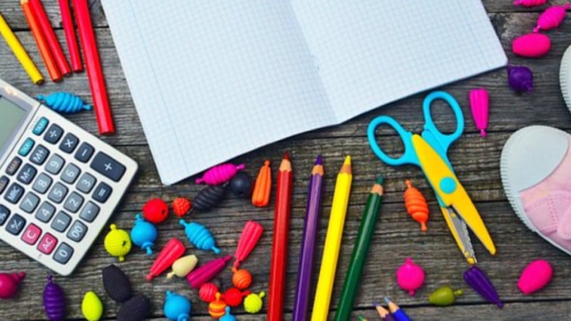 File image of school supplies and shoes.