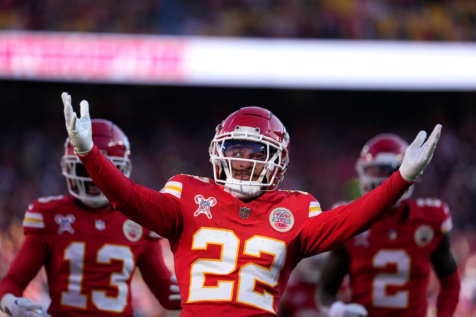 Kansas City Chiefs cornerback Trent McDuffie (22) celebrates after intercepting a pass during...