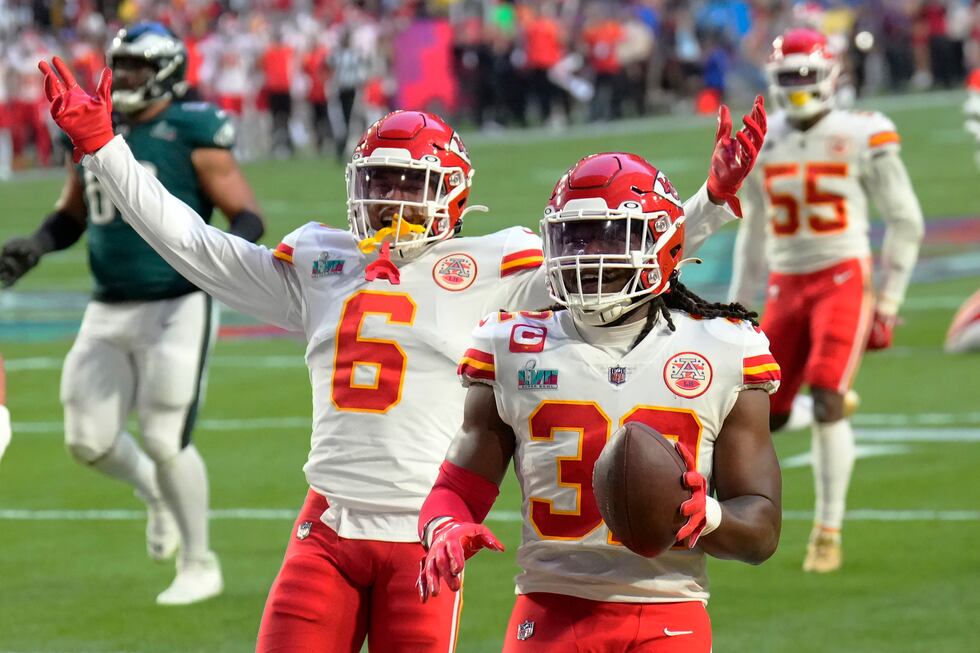 Kansas City Chiefs linebacker Nick Bolton (32) celebrates after scoring a touchdown after...