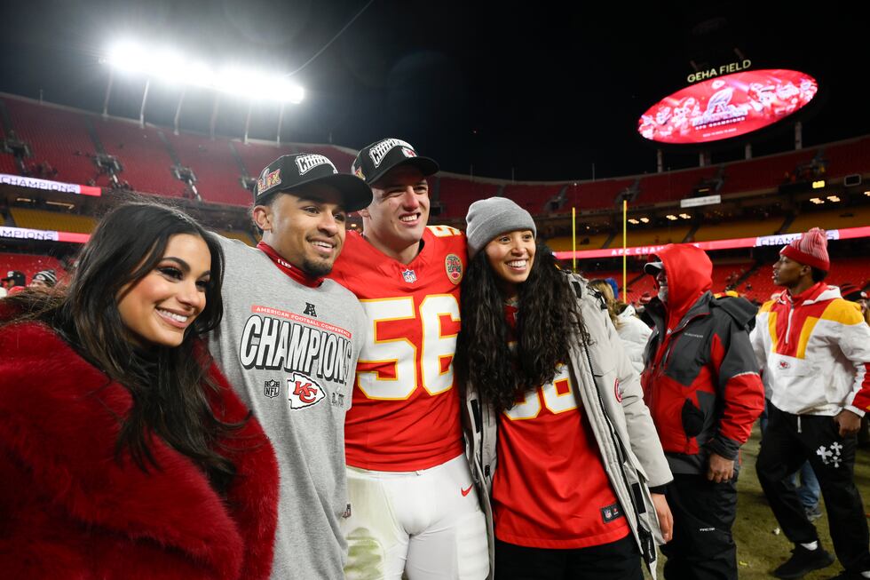 Kansas City Chiefs cornerback Trent McDuffie, second from left, and Chiefs defensive end...