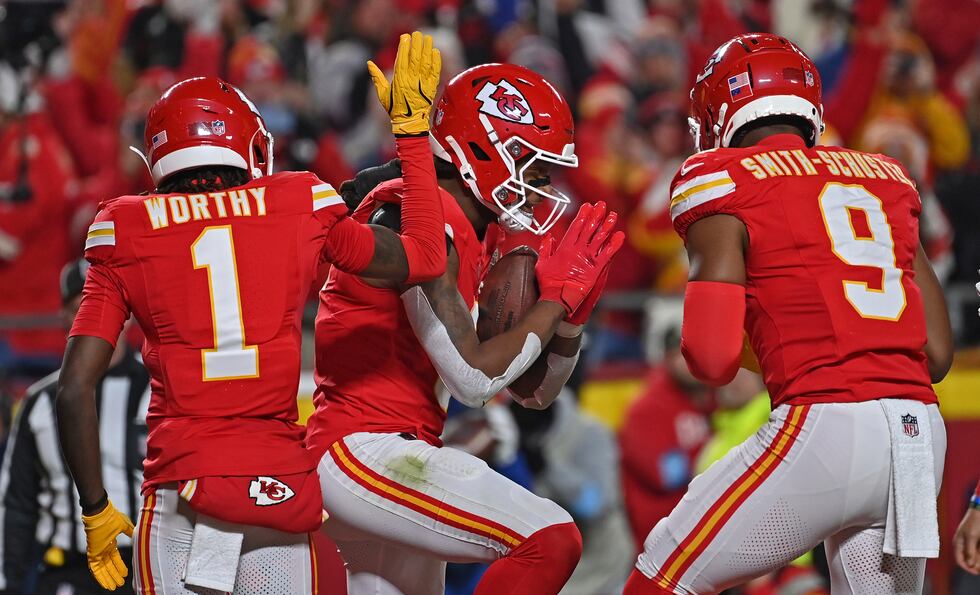 Kansas City Chiefs wide receiver DeAndre Hopkins (center) celebrates with teammates Kansas...